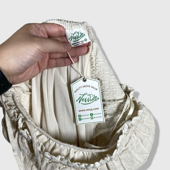 Very J Midi Dress Women Medium Beige Cottagecore Boho Smocked Tiered Lace Trim - Picture 3 of 8